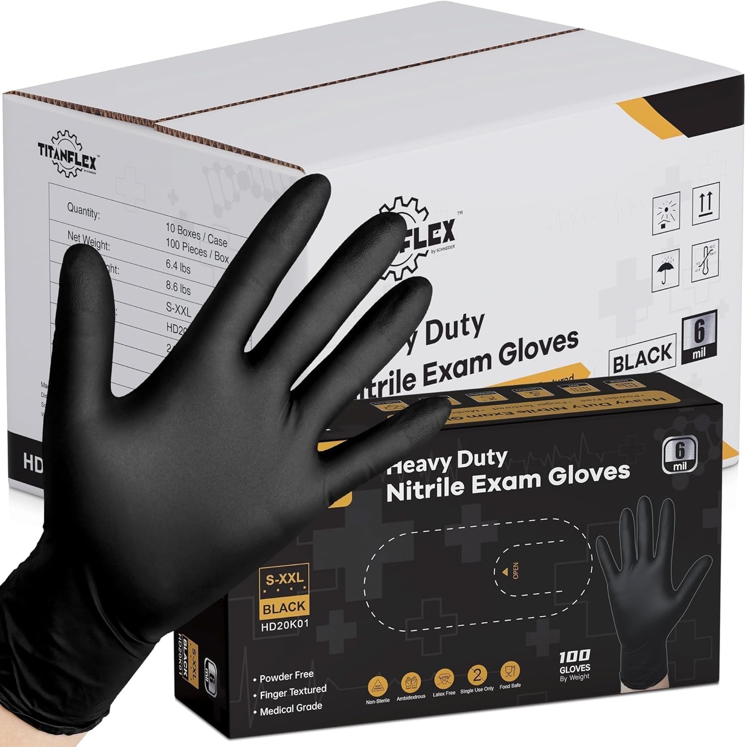 TitanFlex 6mil Black Nitrile Exam Gloves Food Safe
