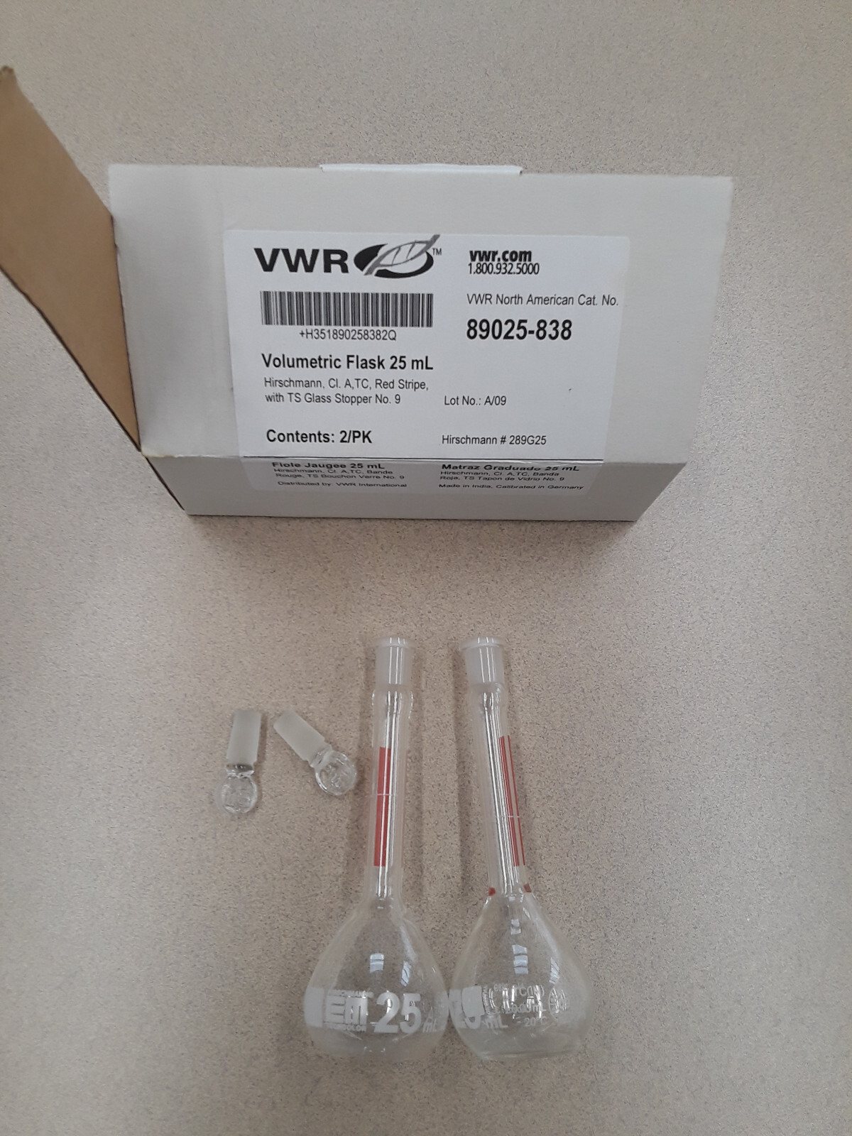 1 pc Volumetric Flasks with Glass Stopper, Red Stripe, Class A, Hirschmann 25 mL