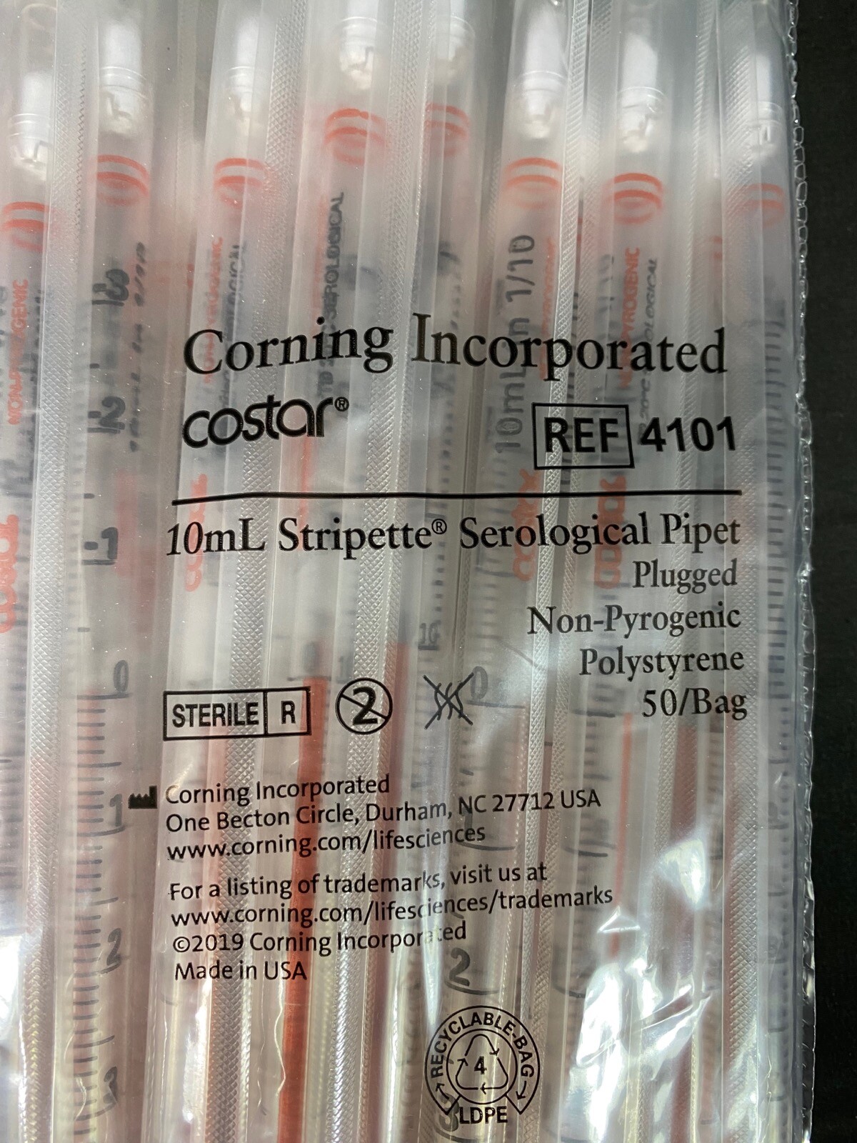 CORNING 10mL Disposable Polystyrene Sterile Serological Pipets #4101 (200/Case)