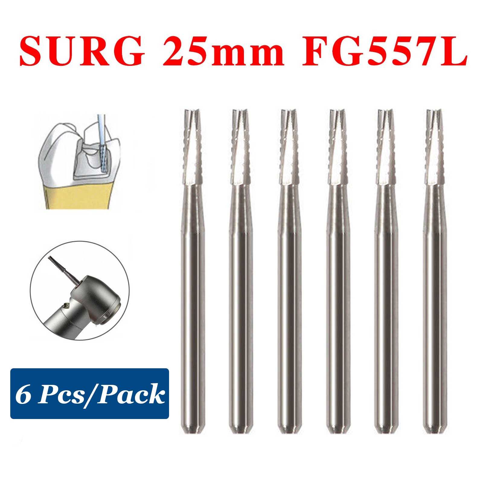 6PCS Dental Carbide Surgical Burs FG 557L Bur for High Speed Handpiece SURG 25mm