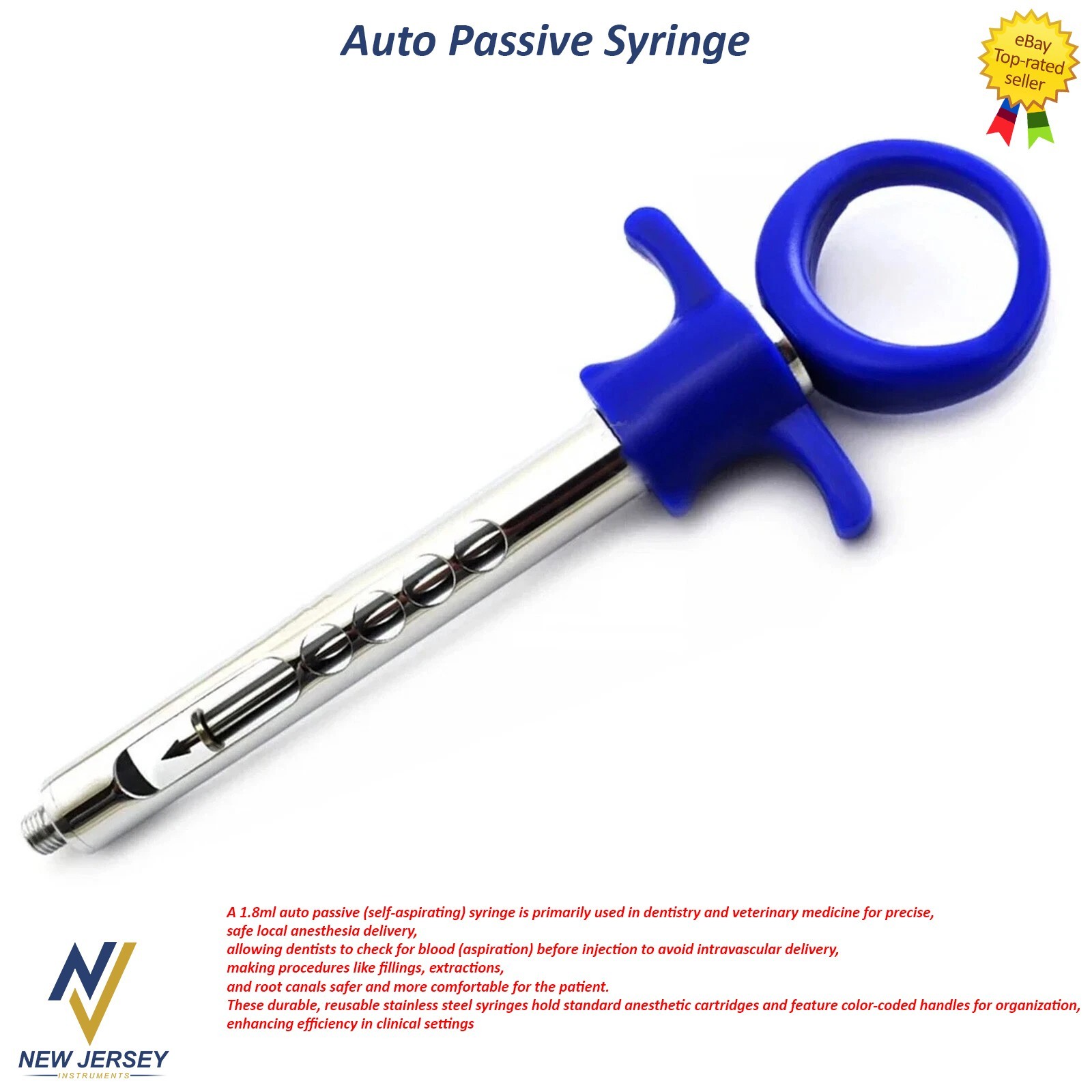 Dentist Self Aspirating Syringe 1.8ml Anesthetic Dental Anesthesia Blue Handle