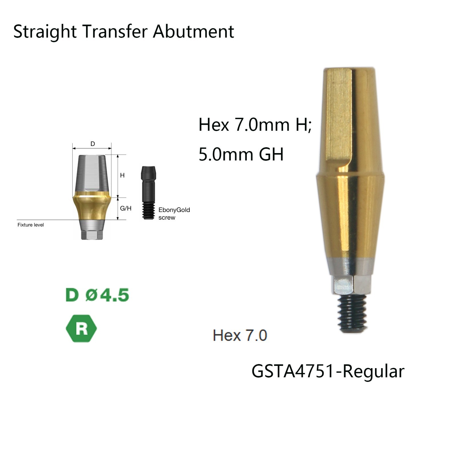 Hiossen Titanium Dental Regular Straight Abutment Hex Fit ET Ø4.5mm GH 1.0-5.0mm