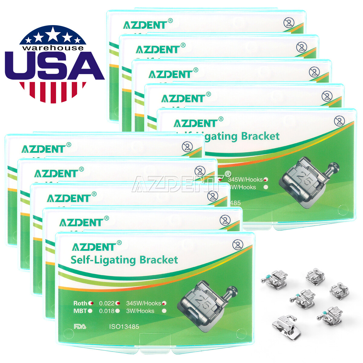 AZDENT Dental Metal Self-Ligating Brackets Braces Mini Roth.022 Hooks 345 USA
