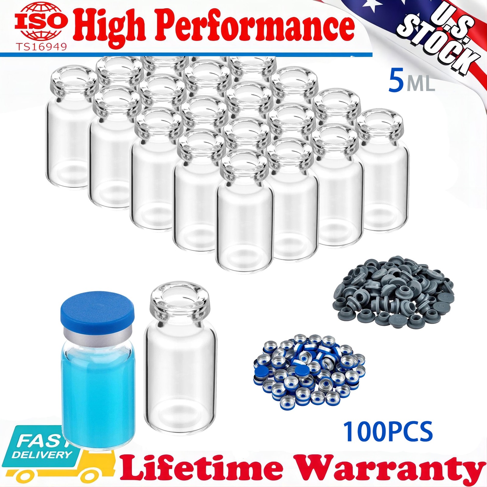 5ml Sealed Vials w/Self Healing Injection Port+Plastic-Aluminum Flip Caps 100Pcs