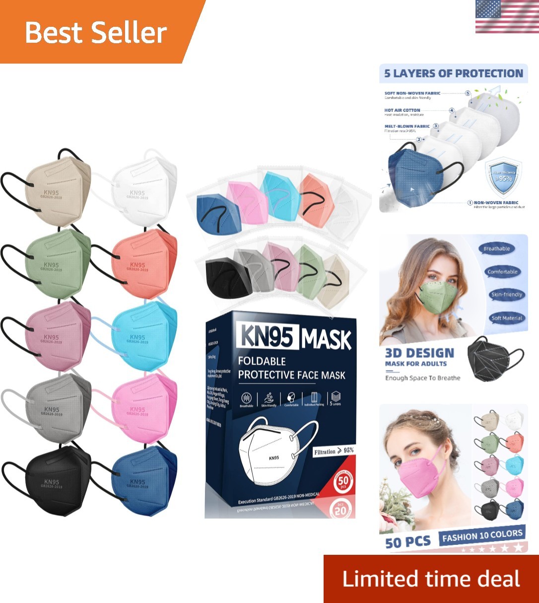 KN95 Face Masks for Adults, 50 Pack 10 Colors Disposable KN95 Masks, 5 Layer …