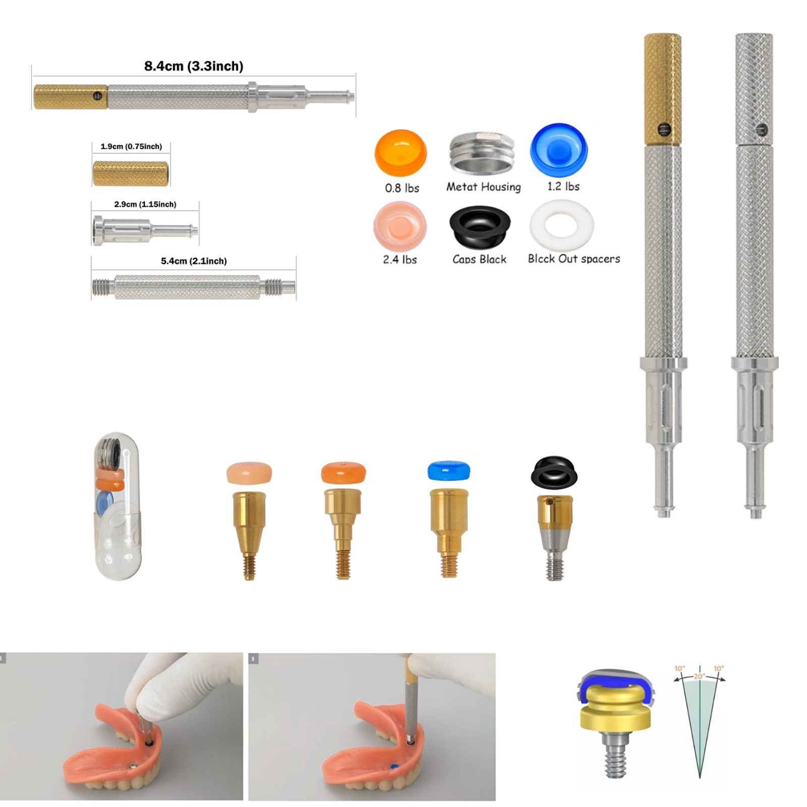 US Dental Zest Locator Retention Caps 0.8/1.2/2.4lbs & Core Tool Kit Overdenture