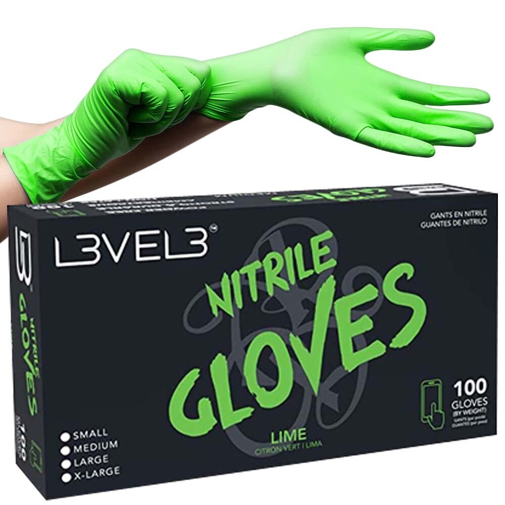 BARBER BEAUTY SALON L3VEL3 DISPOSABLE NITRILE GLOVES LIME GREEN 100PK MEDIUM
