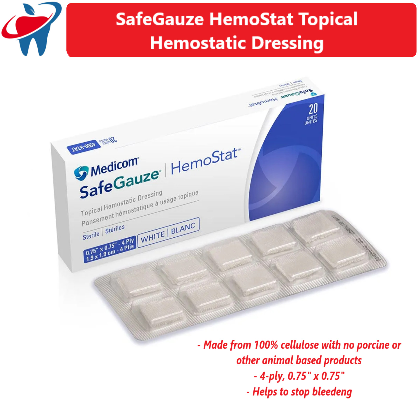Dental SafeGauze HemoStat Topical Hemostatic Dressing Sterile, 4 ply, 20/Bx