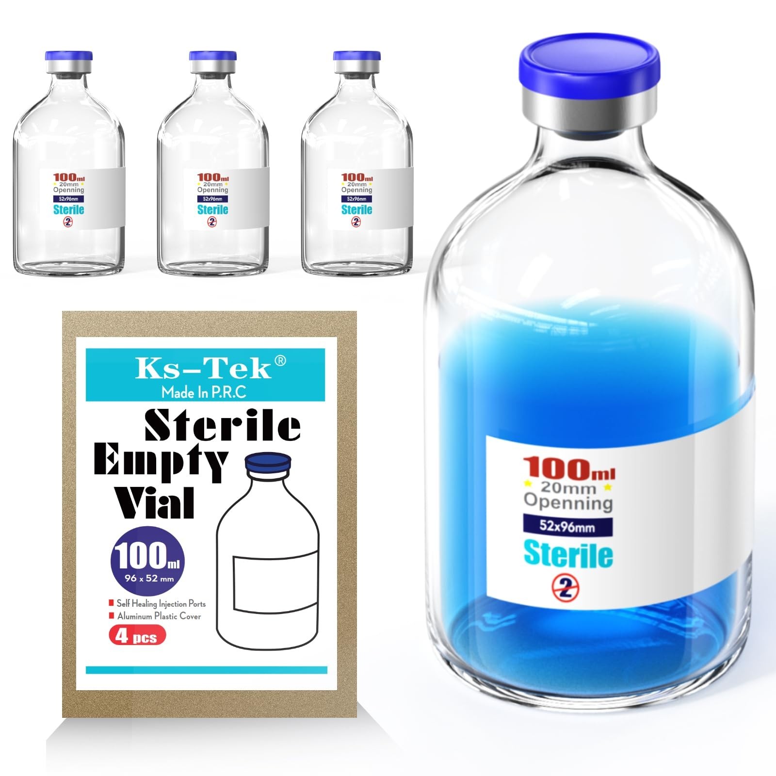 Sterile Empty Vials with Self-Healing Injection Port & Flip Off Cap – 100ml (4 P