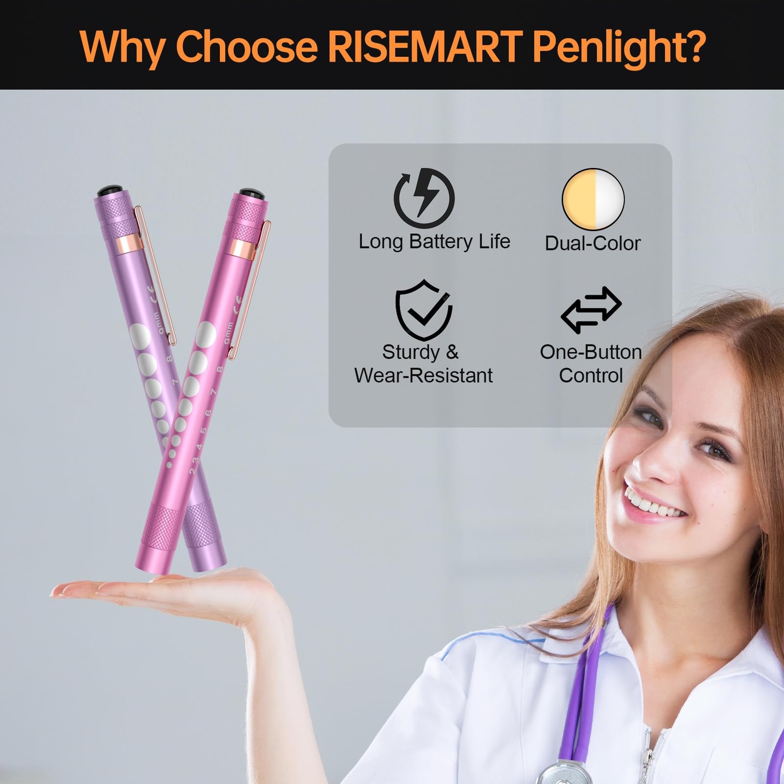 RISEMART 2-Pack Pen Light for Nurses – Medical Penlight with Purple+Pink