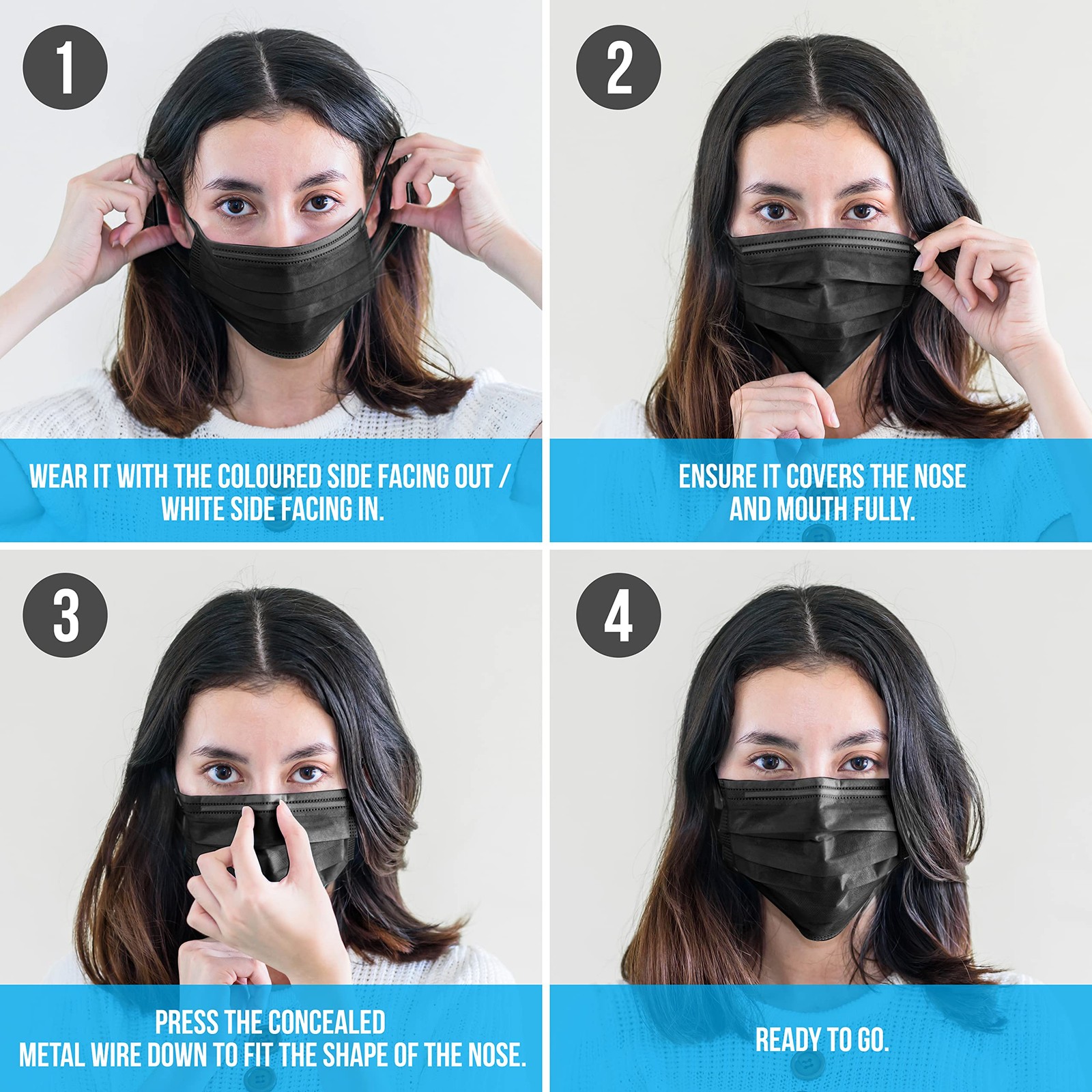 Black 3 Layer Disposable Face Masks Adjustable Ear Loops For Adults And Kids