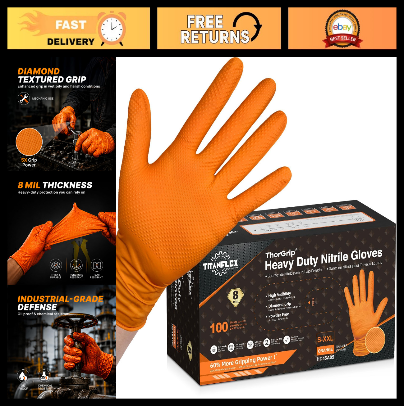 Heavy Duty Orange Nitrile Gloves, 8-mil, Disposable Latex-Free, Textured Grip, 1