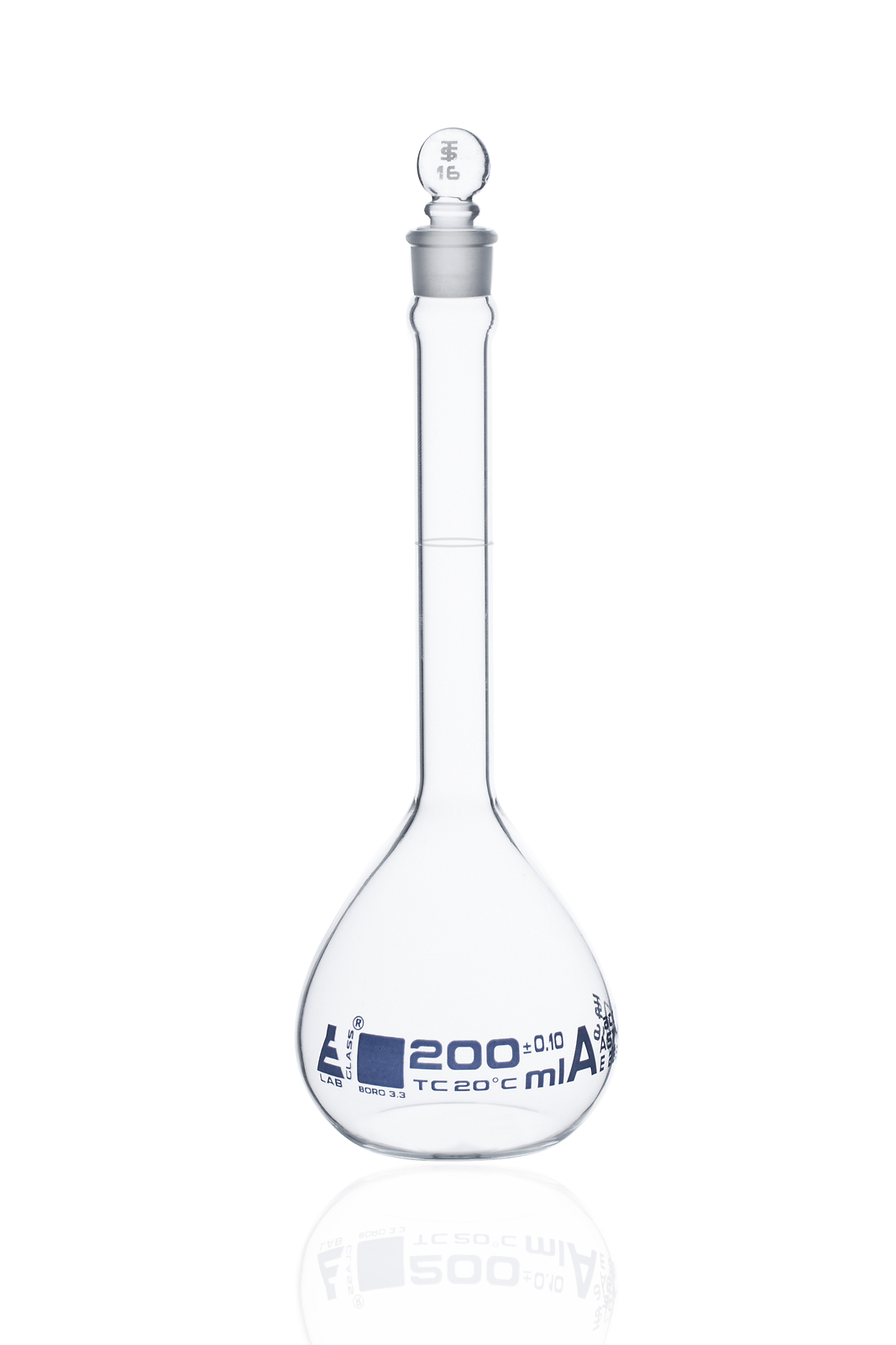 Eisco Labs 200ml Volumetric Flask with Stopper, Class A, ASTM – White Graduation