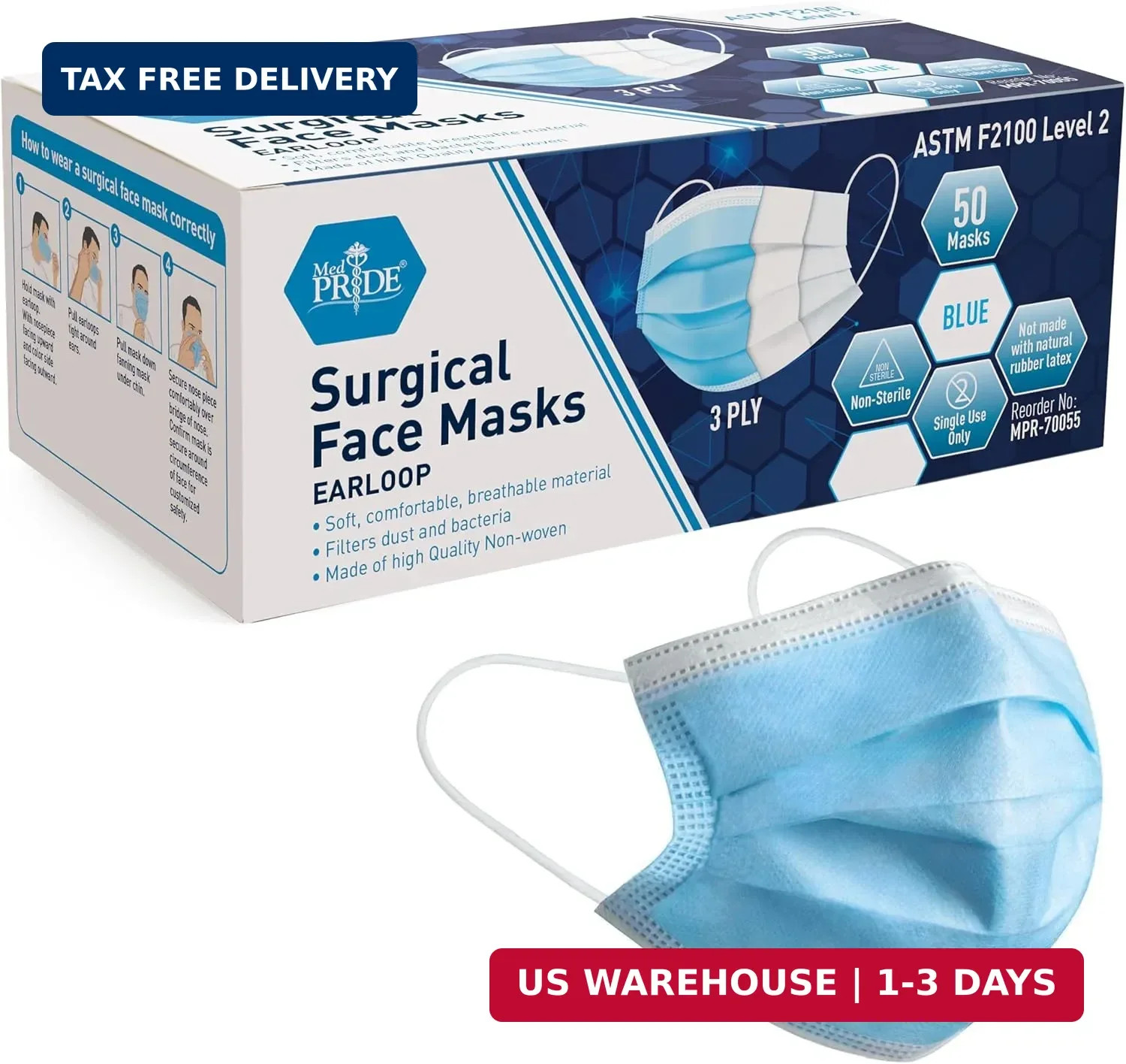 MED PRIDE Blue Medical Masks, Pack of 50 Face Masks, Disposable 3-Ply Earloop Ma