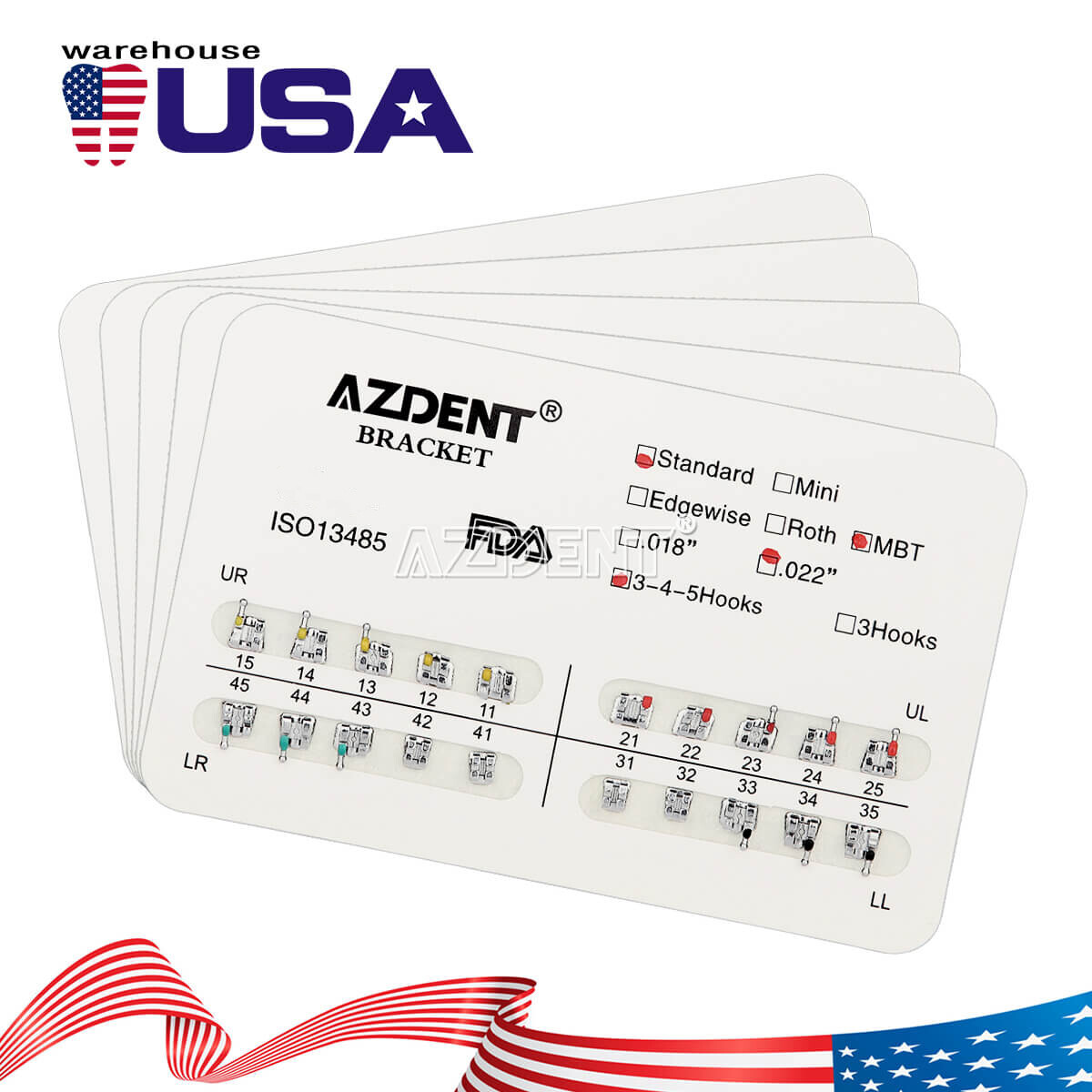 AZDENT Dental Orthodontic Brackets Standard Braces MBT Roth 022/018 Hooks 3/345