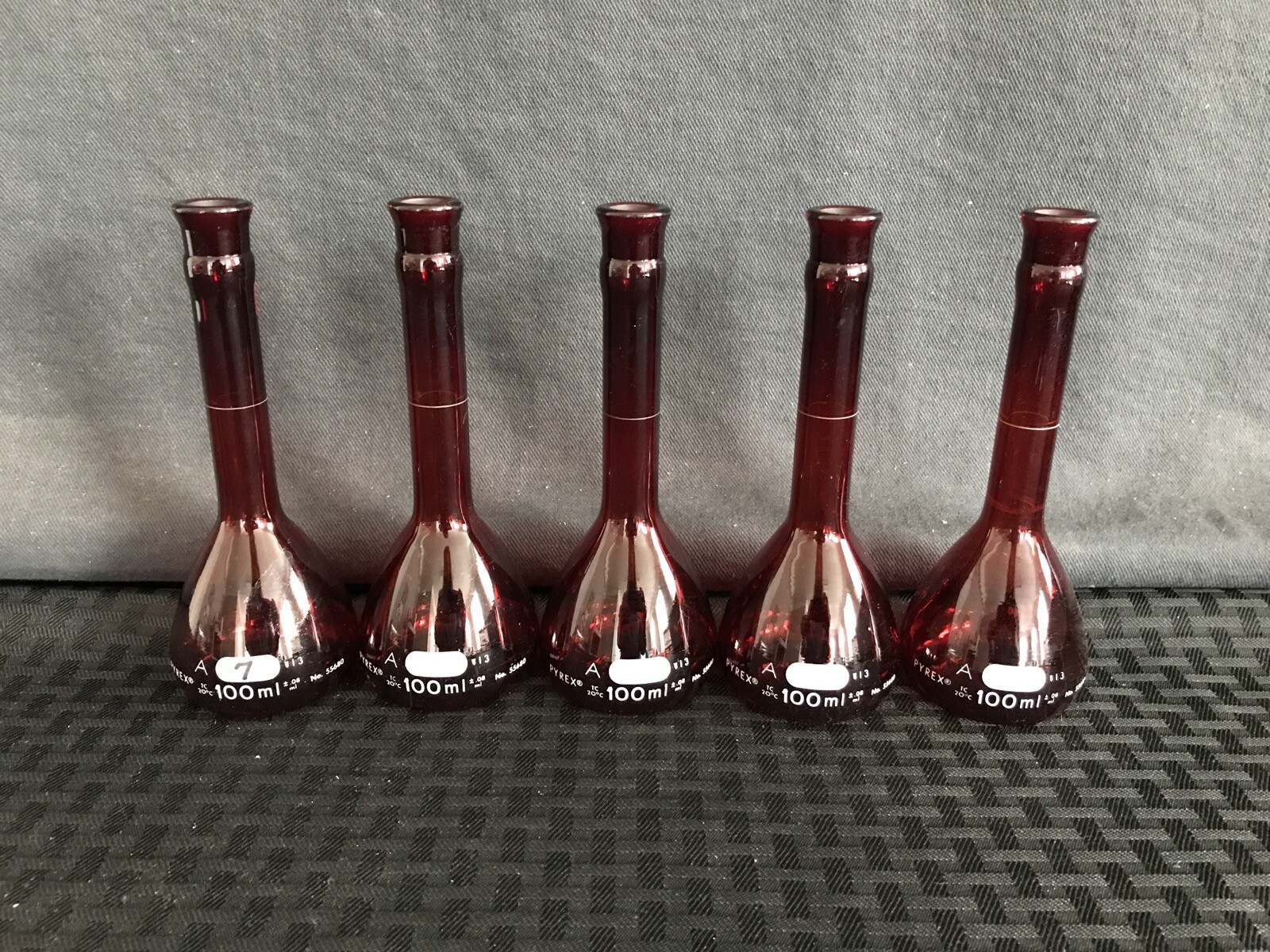 (5) PYREX 100mL Low Actinic Class A Red Glass Volumetric Flask No #13 Stopper