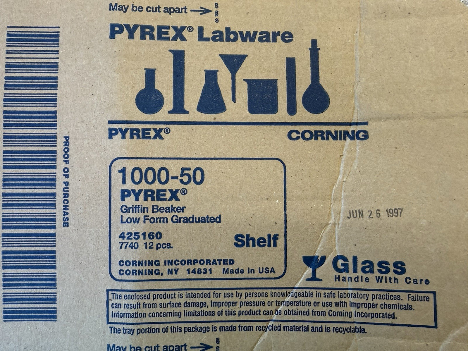 PYREX CORNING 1000-50 50mL Griffin Beaker 7740 NOS Vintage 1997 Open Box 10pc