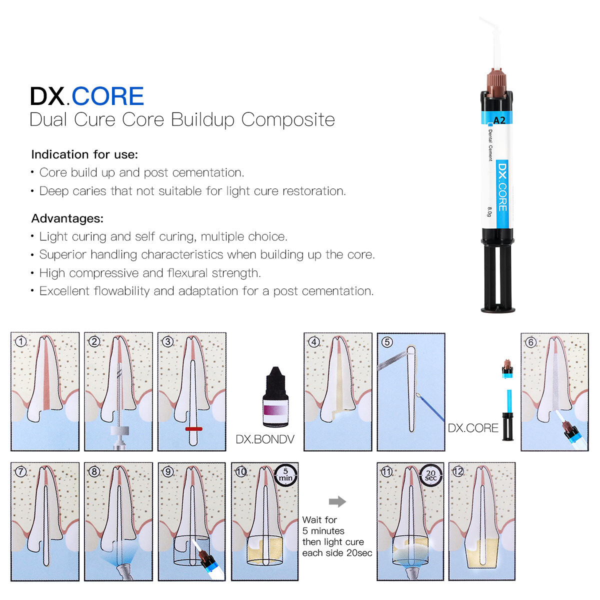 Dentex Dental Dual Cure Flowable Composite Resin Refill Core Build Up A2 A3 8g