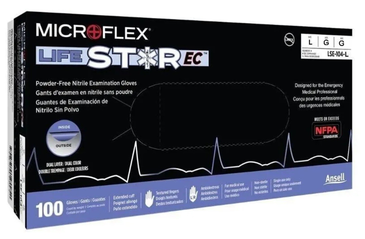 *200-Gloves* Ansell MicroFlex LIFESTAR EC PF Dual Layer Extended Cuff LSE-104-L
