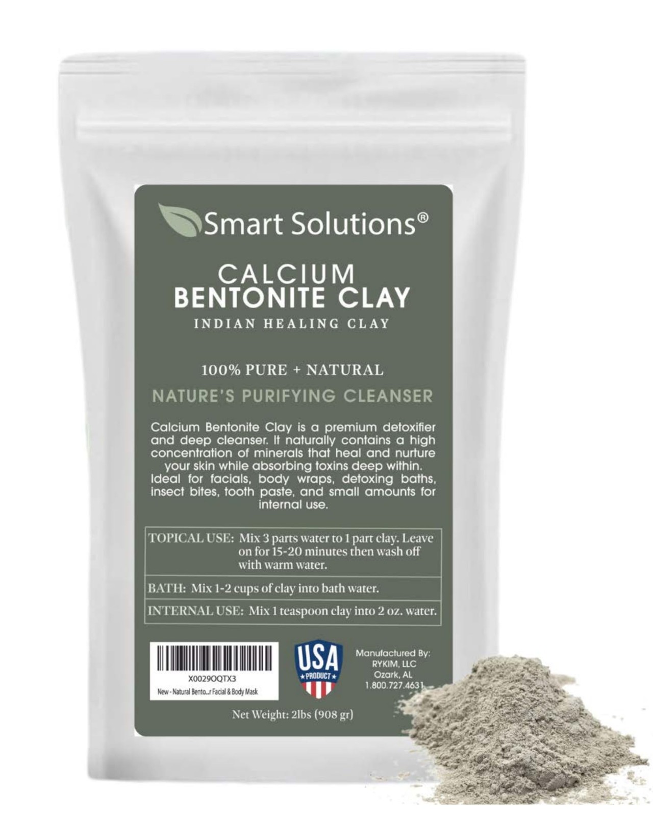 SMART SOLUTIONS Calcium Bentonite Clay, 2 lb Pure Indian 32 Ounce (Pack of 1)