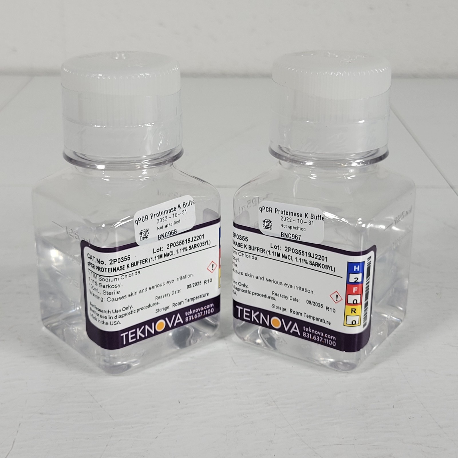 Lot of 2 Teknova 2P0355 qPCR Proteinase K Buffer 100 mL Each