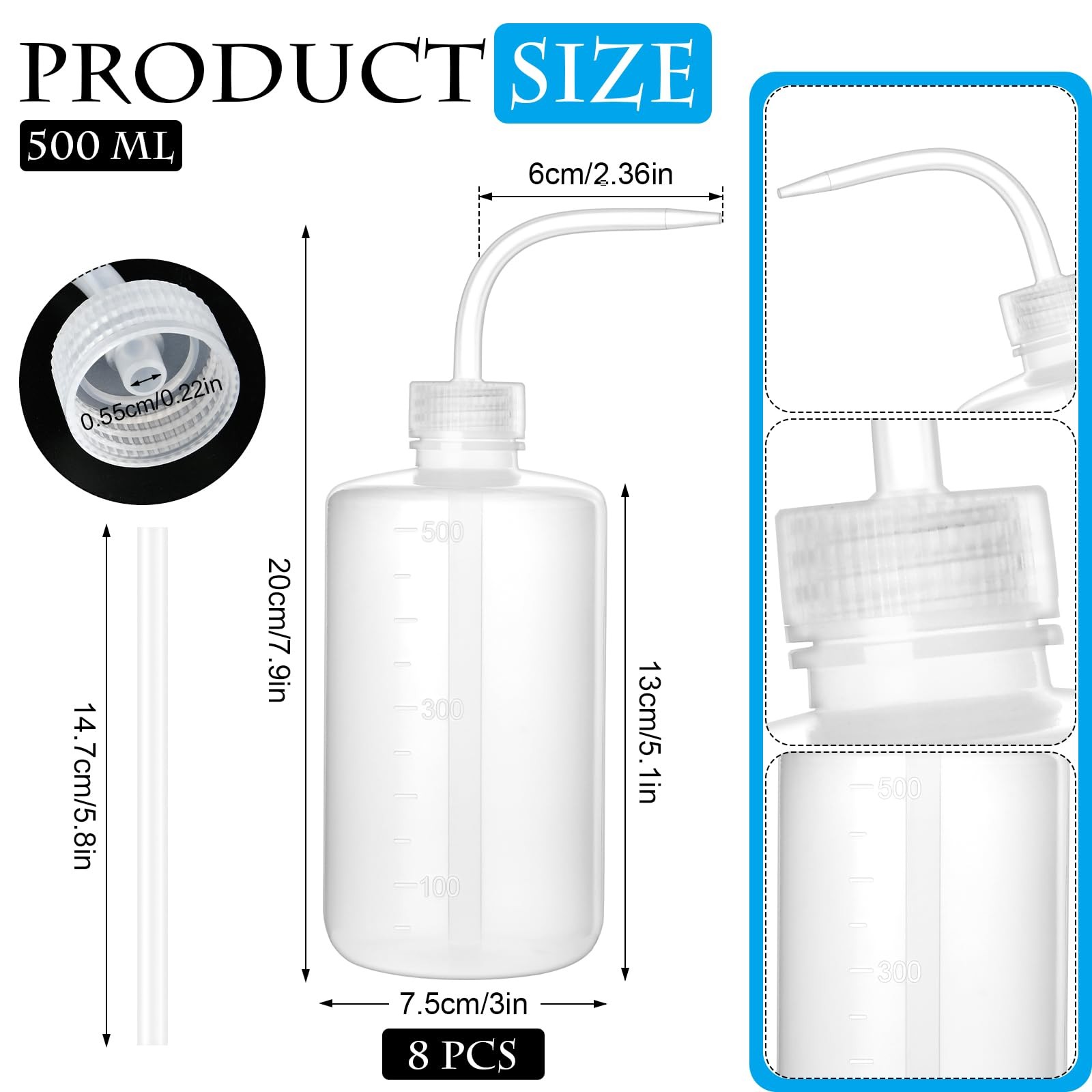 Lainballow 8Pcs 500ml/16oz Plastic Wash Bottles, Squeeze Tattoo 500ml, White