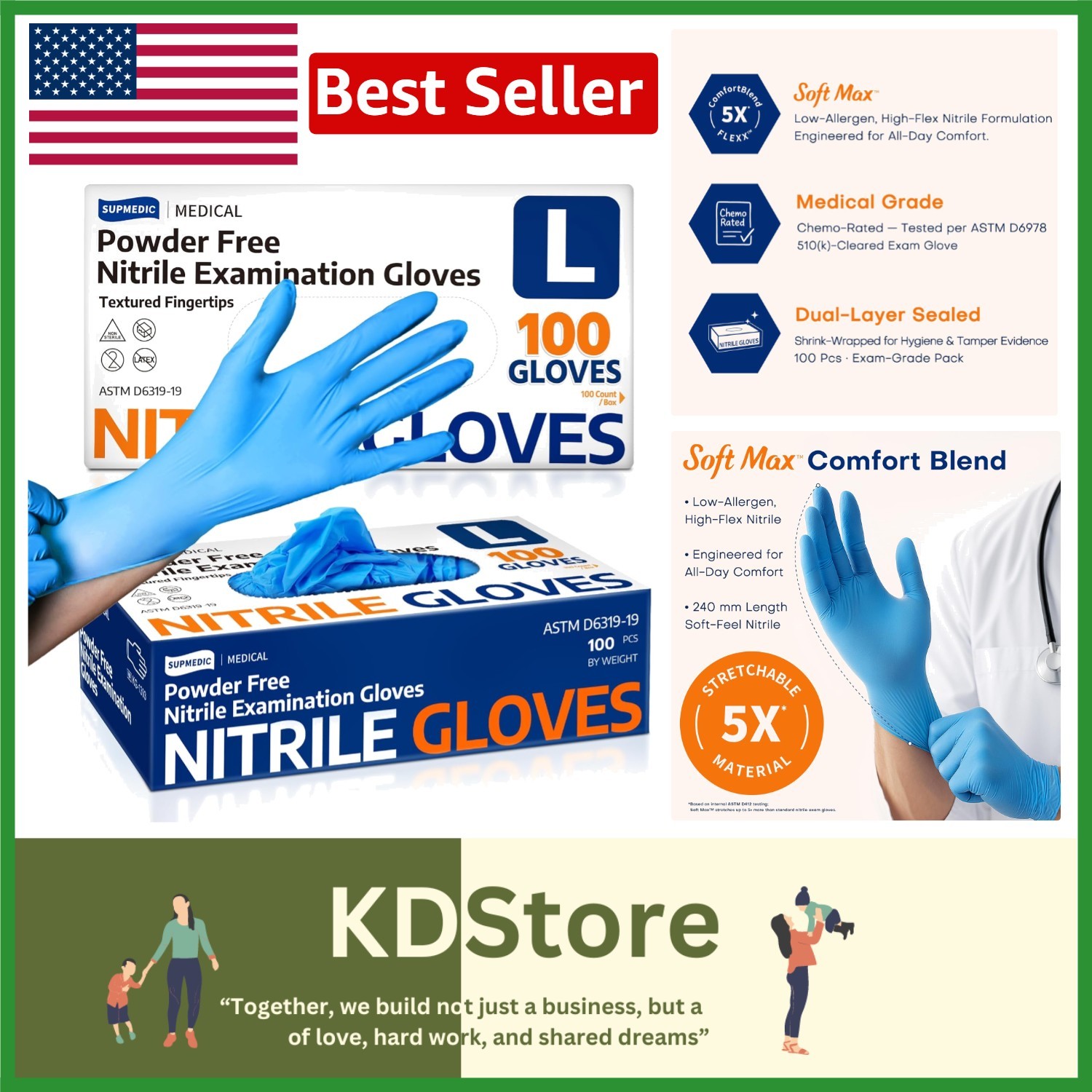 100 Blue Soft Nitrile Exam Gloves – Non-Sterile, Food Safe, Ultra Comfortable