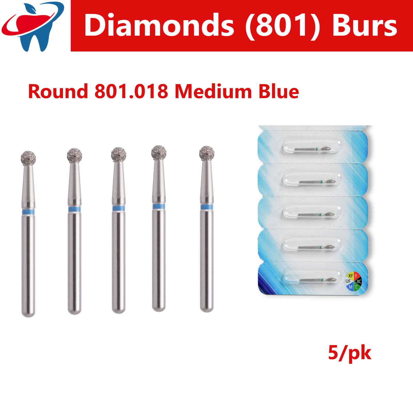 Dental Burs Diamond FG High Speed Bur Round End 801 018M, Medium 5/pk Taper Ball