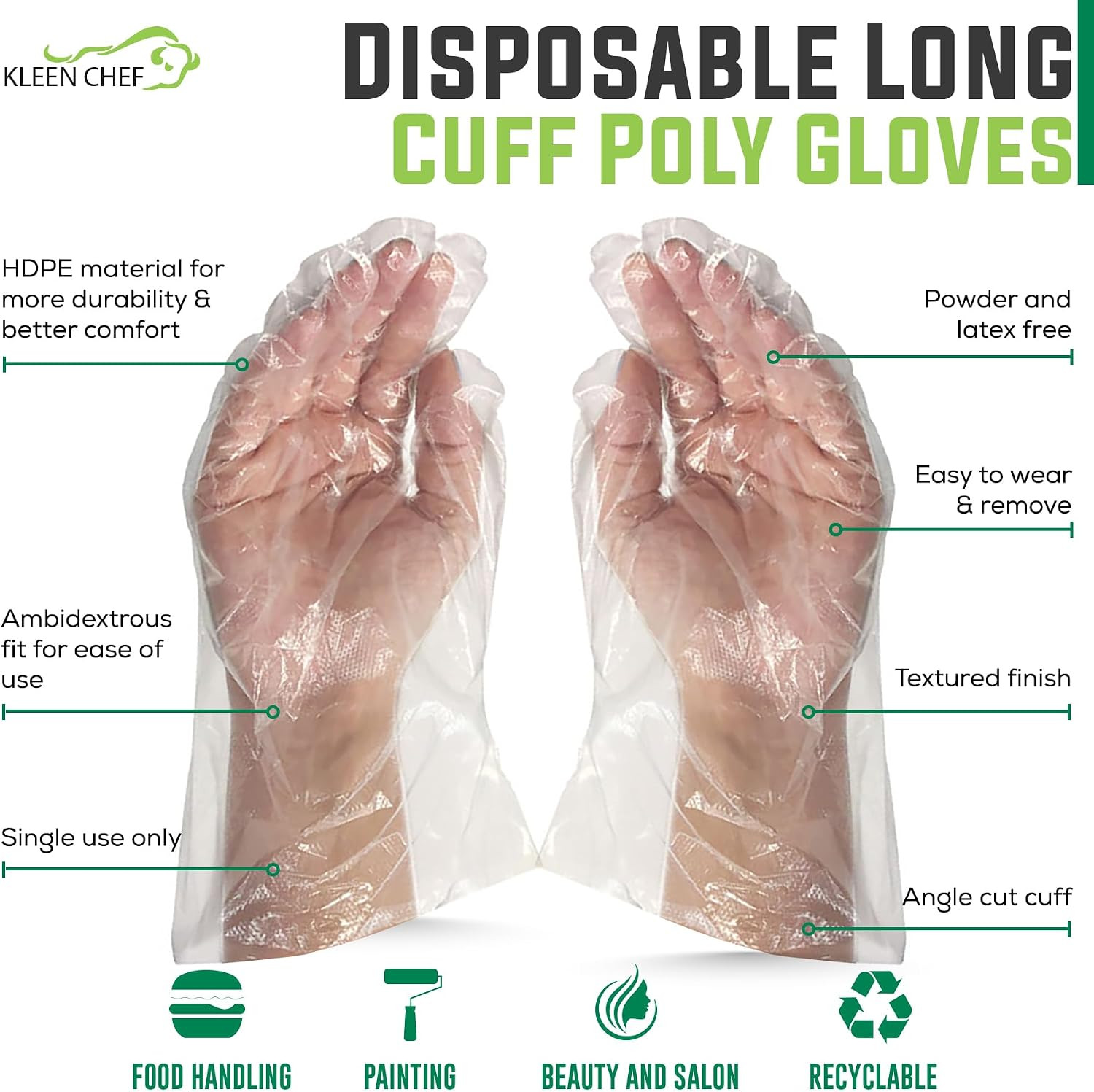 Disposable Food Handling Long Cuff Cleaning Poly Gloves, One Size Fits Most, Sma