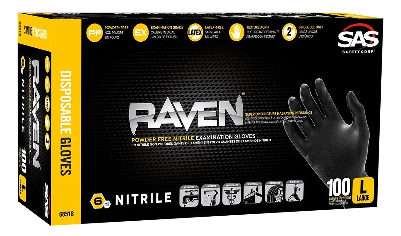 Case of 1000 sas safety 66518 raven nitrile powder-free L gloves