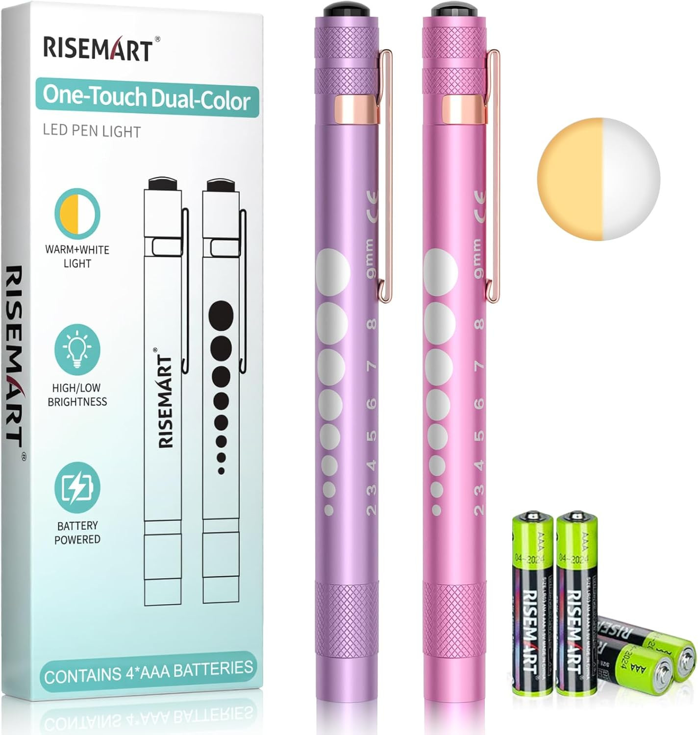 2-Pack Pen Light for Nurses – Medical Penlight with One-Button Switch, White & W