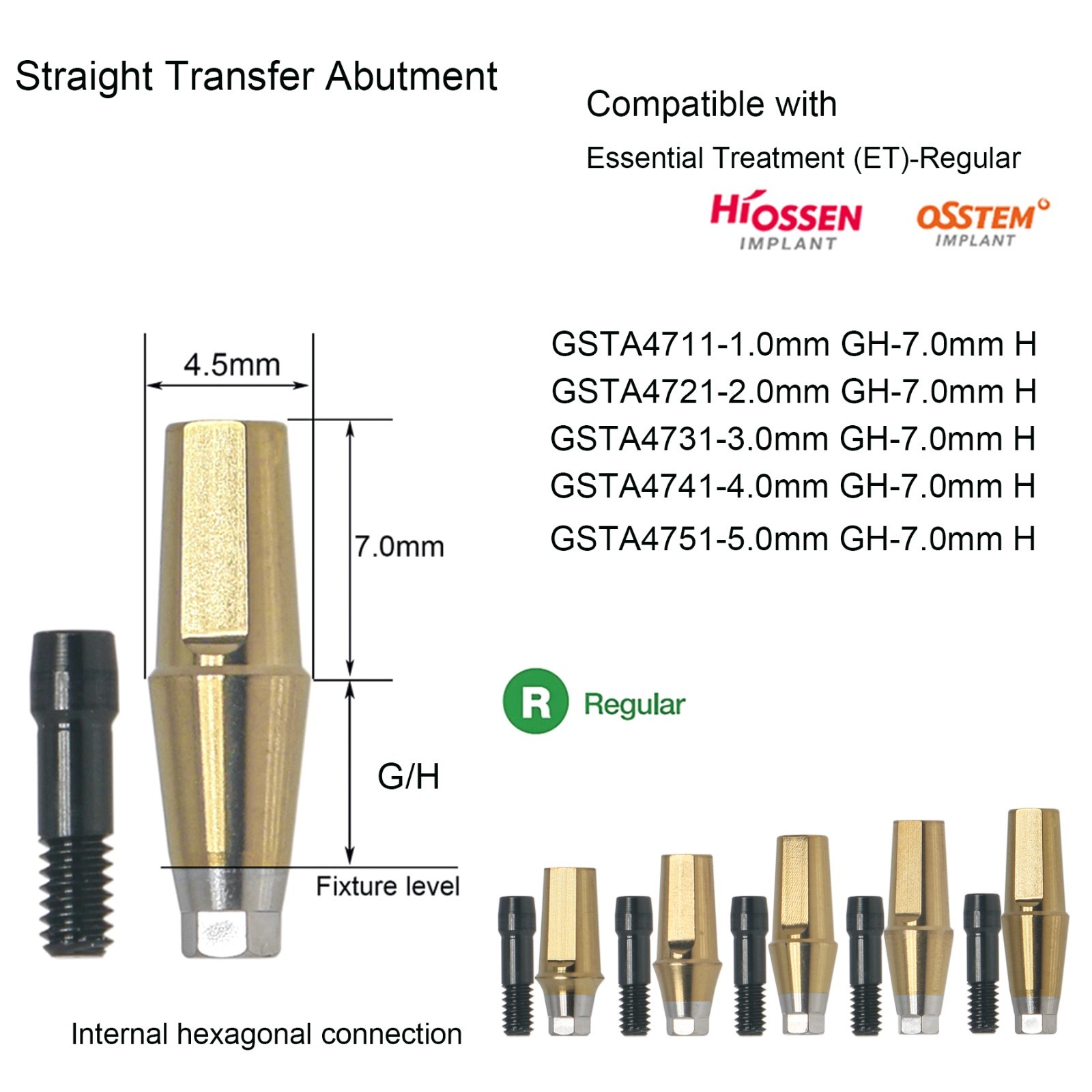 Hiossen Straight Standard Internal Hex Abutment Cement Retained Crown Titanium