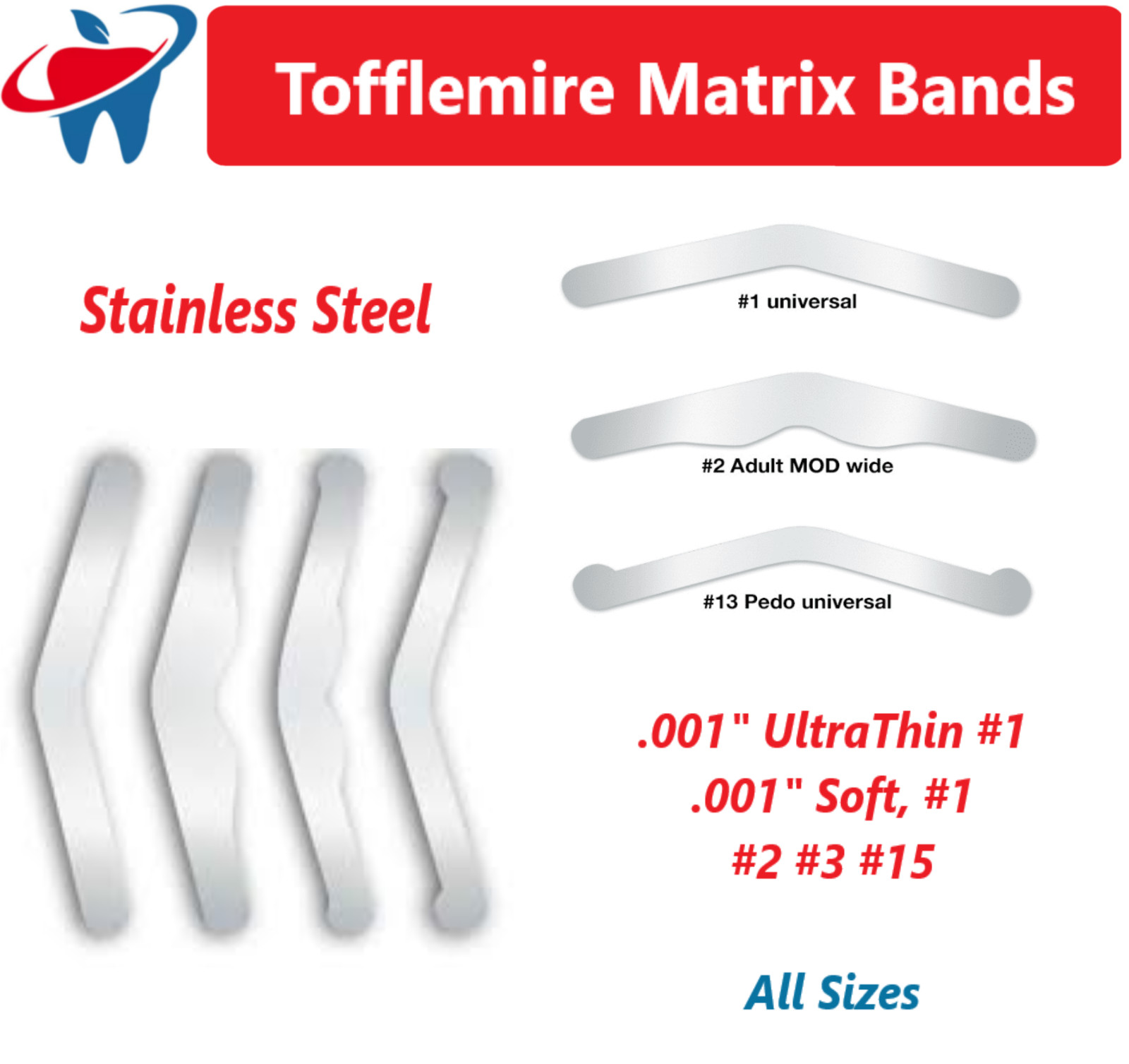 12/144Pc Dental Universal Matrix Bands Tofflemire Stainless Steel 001″ UltraThin