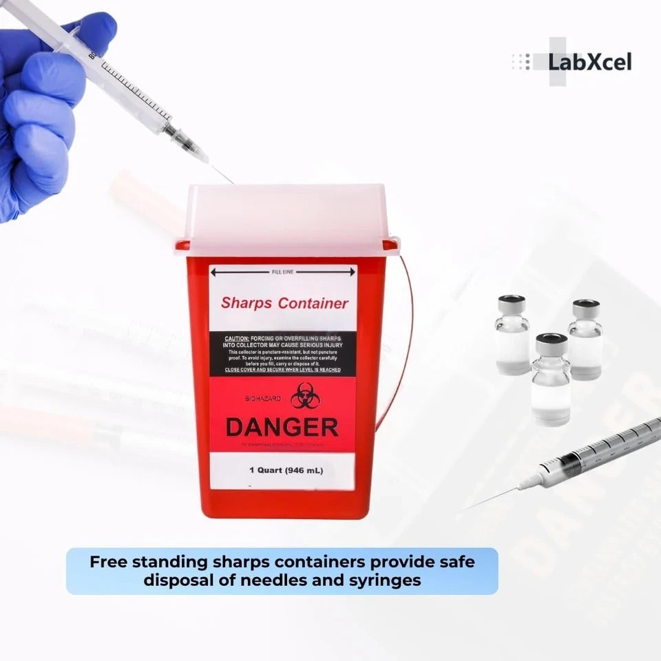 LabXcel 1 Quart Polypropylene Sharps Container Red Needle Disposal Bin 2pcs