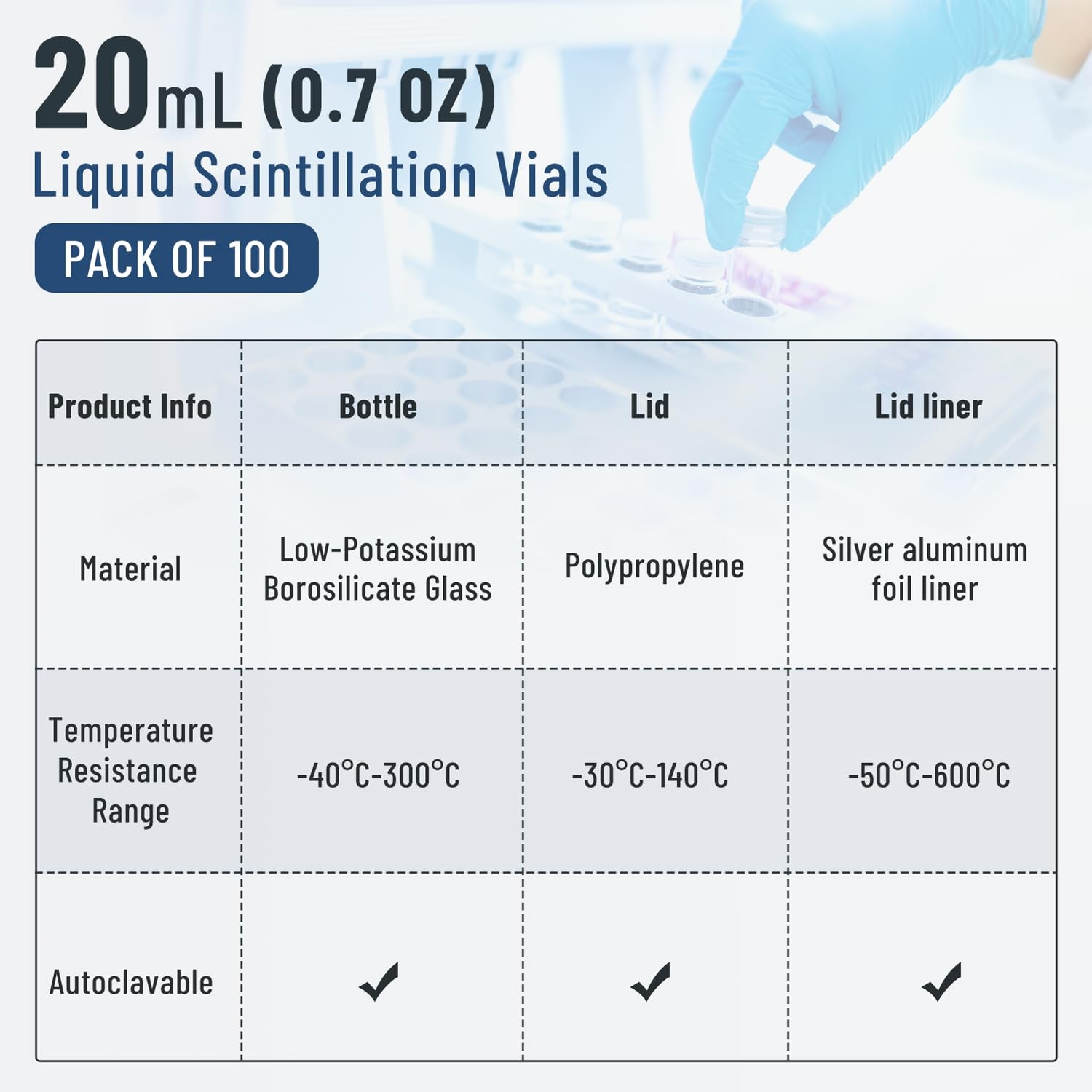 100/1000Pcs 20ml Scintillation Vials Glass Vials Counting Vial Lab Vials w/ caps