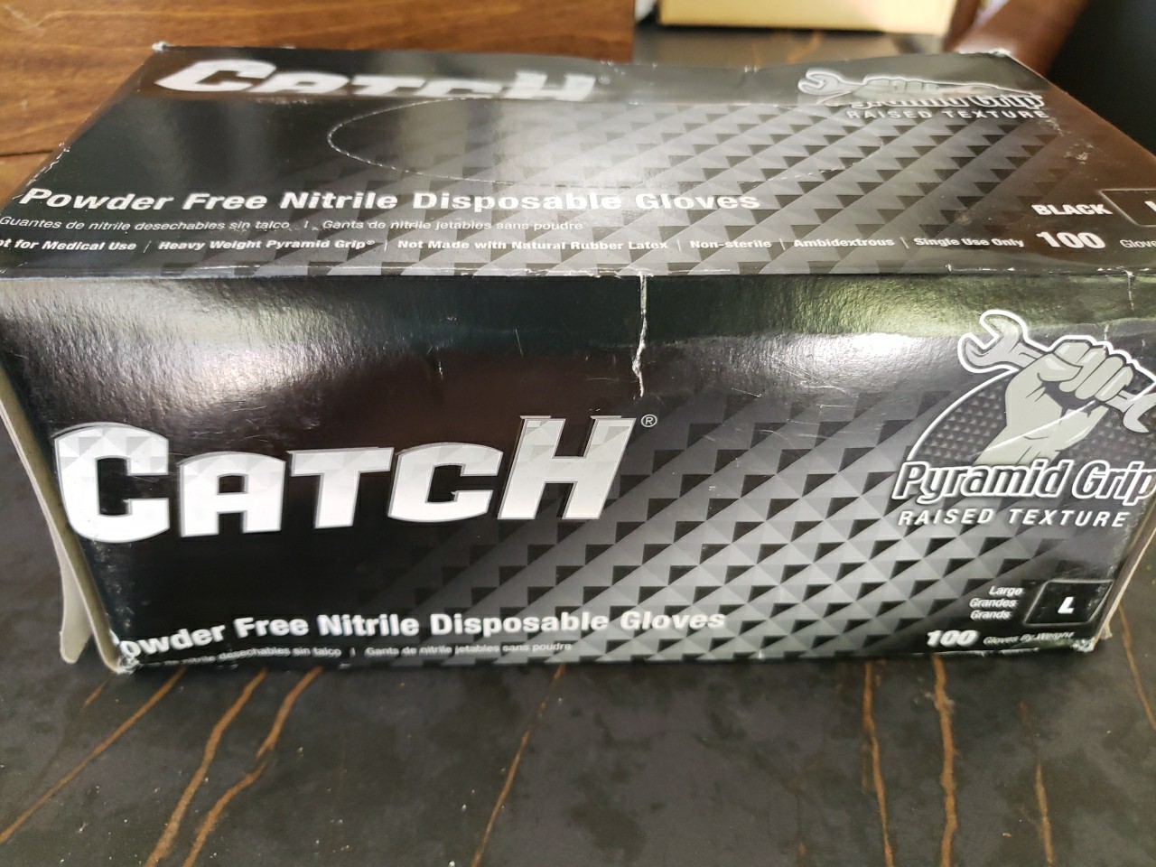 CATCH Nitrile Disposable Gloves w/ Pyramid Grip Texture Black Box of 100 large