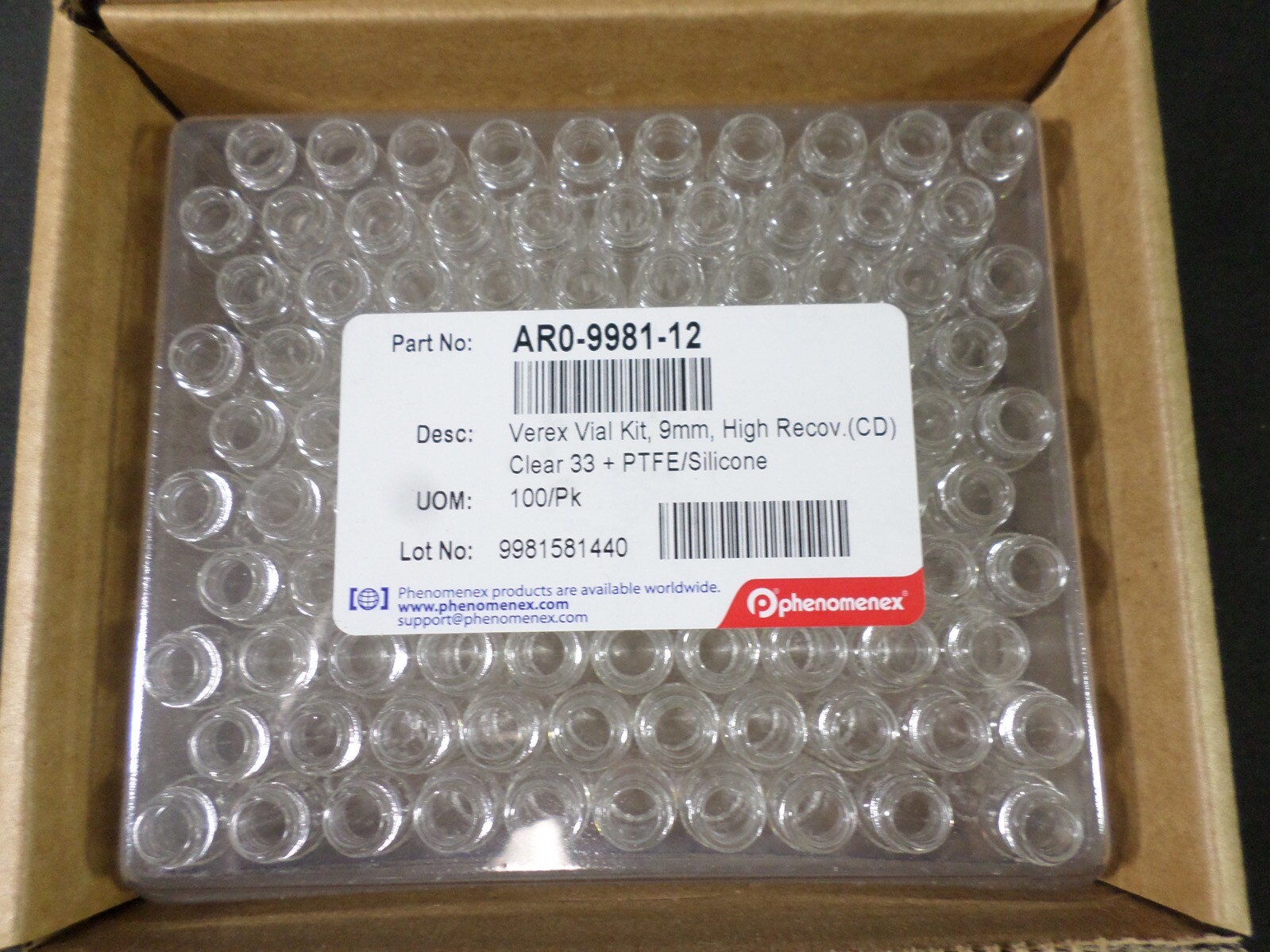 PHENOMENEX Verex High Recovery (CD) Clear 33 9mm Screw Top Vial Kit (100/Pk)
