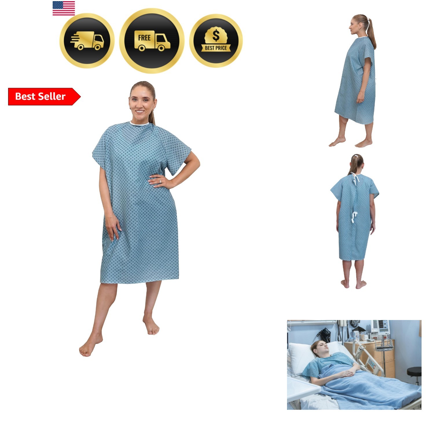 3 Pack – Blue Hospital Gown with Back Tie / Hospital Patient Gown with Ties -…