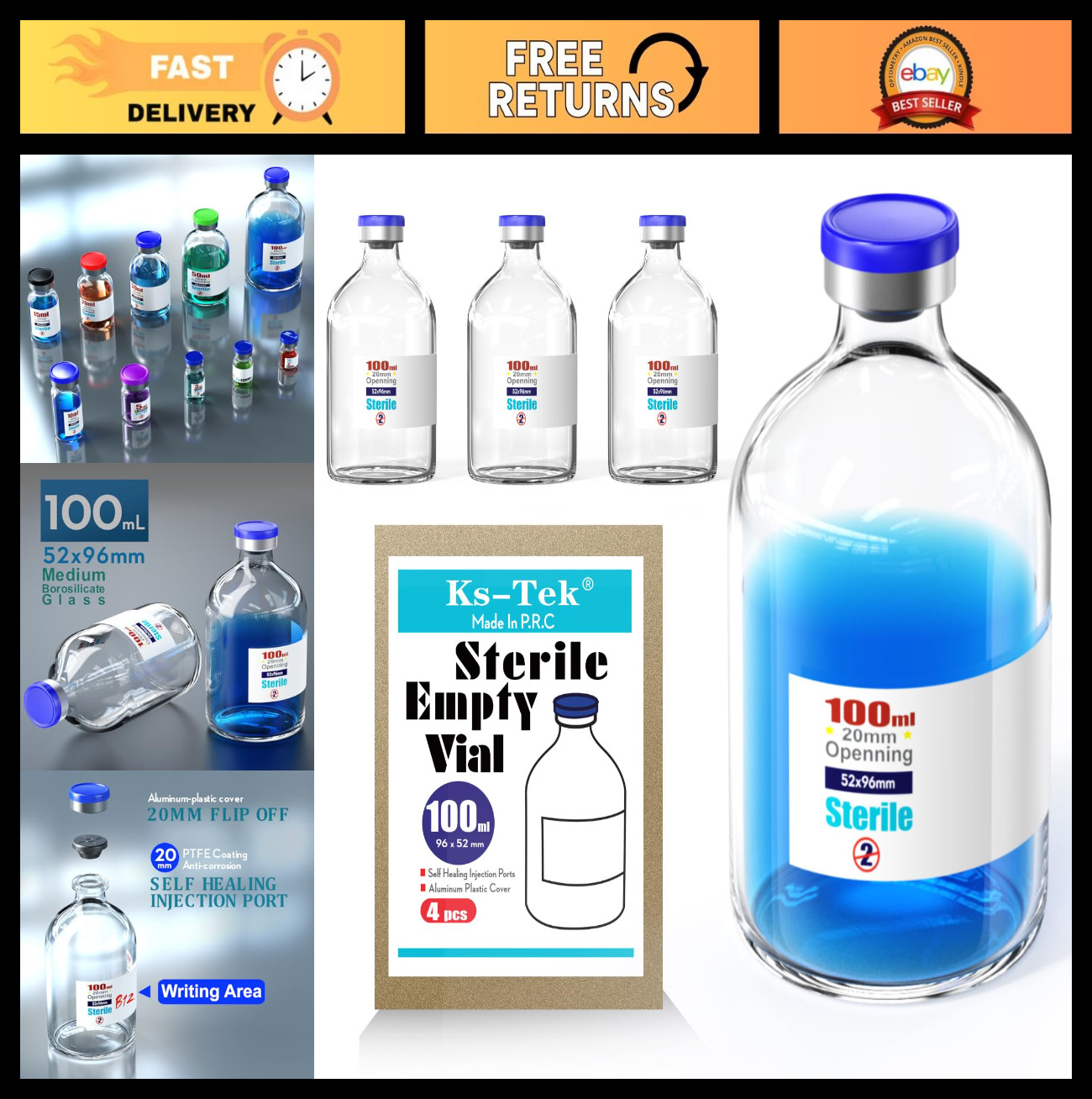 Sterile Empty Vials with Self-Healing Injection Port & Flip Off Cap – 100ml (4 P