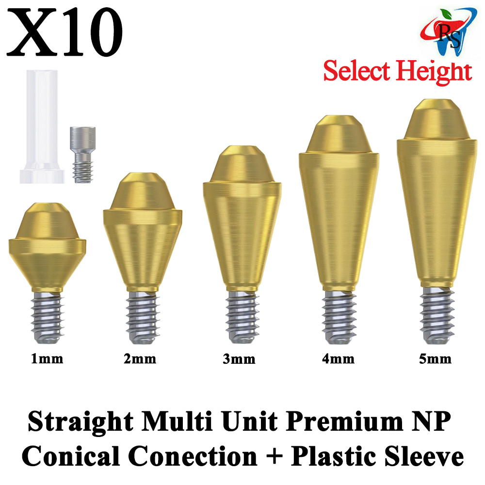 10x Set Prosthetic Straight Multi Unit 1.6 NP Conical 2.25 +Plastic Sleeve