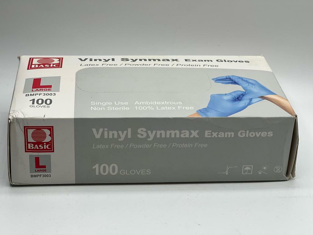 VINYL SYNMAX Disposable Gloves, 100% Powder & Latex Free – LARGE – 100ct