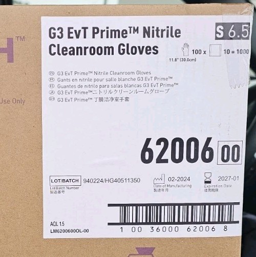 Case of 1000 KIMTECH 62006 G3 EvT PRIME Nitrile Cleanroom Gloves. Size SMALL 6.5