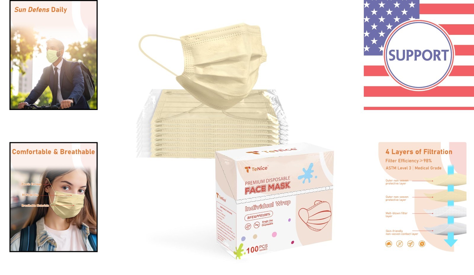 100 Pack Disposable 4 Ply Face Masks – ASTM Level 3 Protection, Beige