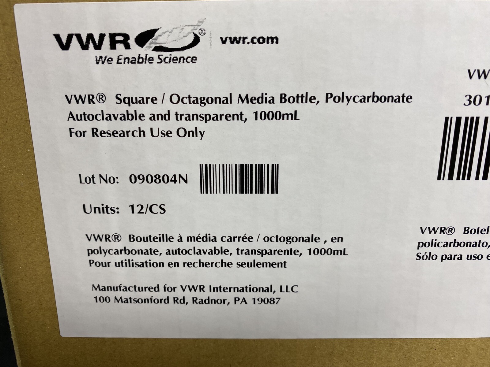 VWR 1000mL Octagonal Media Bottle PC Transparent Graduated 30180-022 (12/cs)B