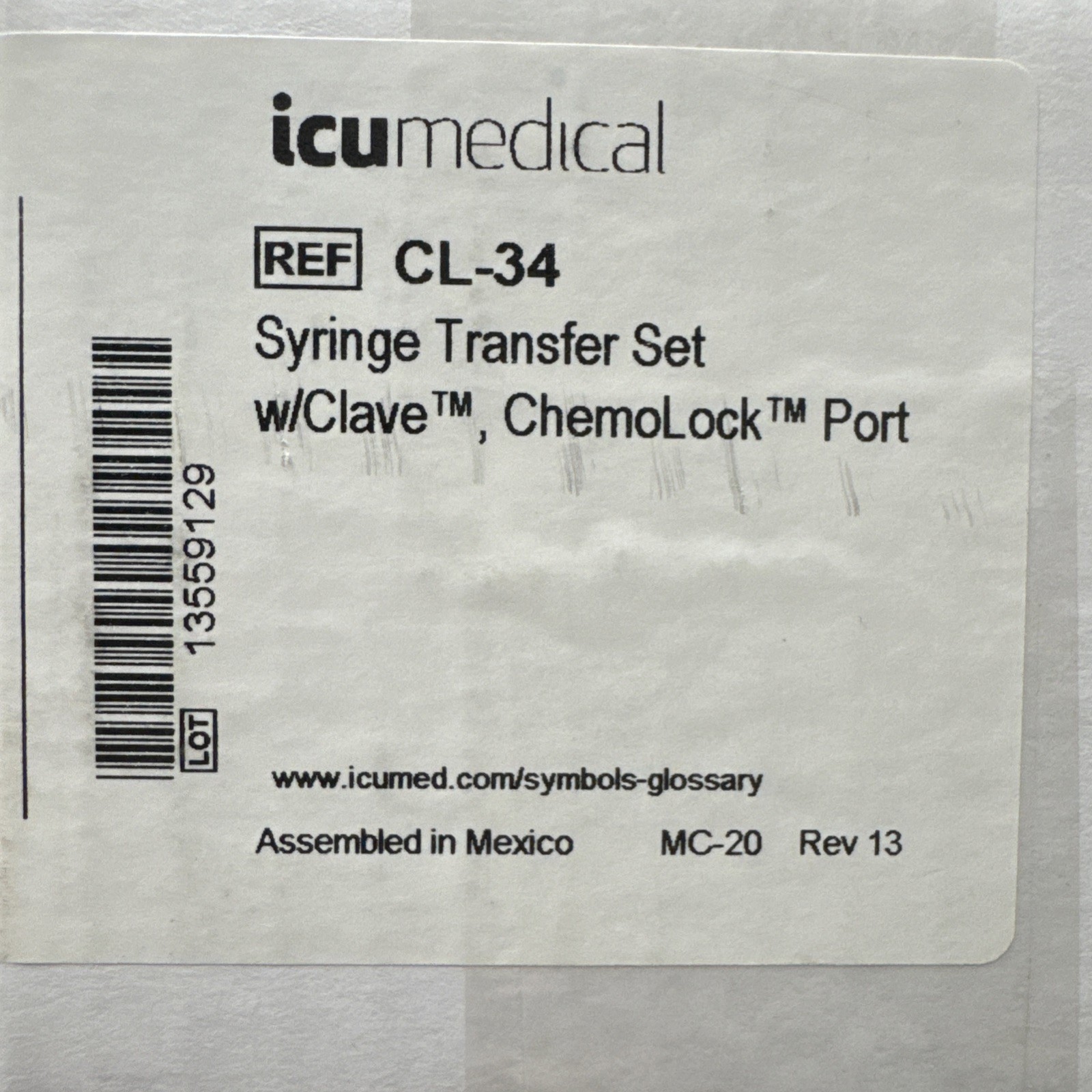 ICU Medical CL-34 – Syringe Transfer Set W/Clave, ChemoLock Port