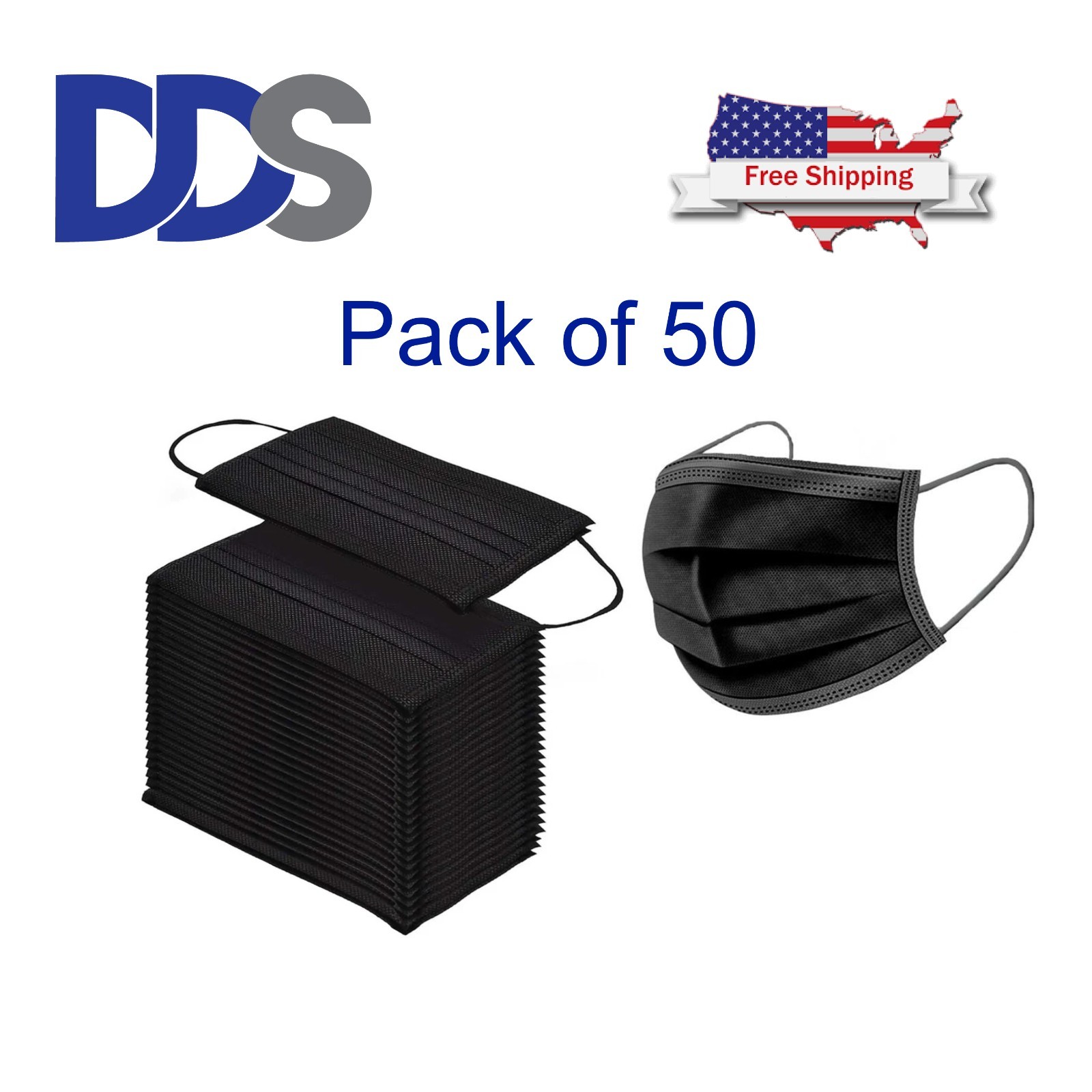 Dual Fit, Pleated, Ear-Loop Face Masks, Black , 50 PACK (FAST SHIPPING)