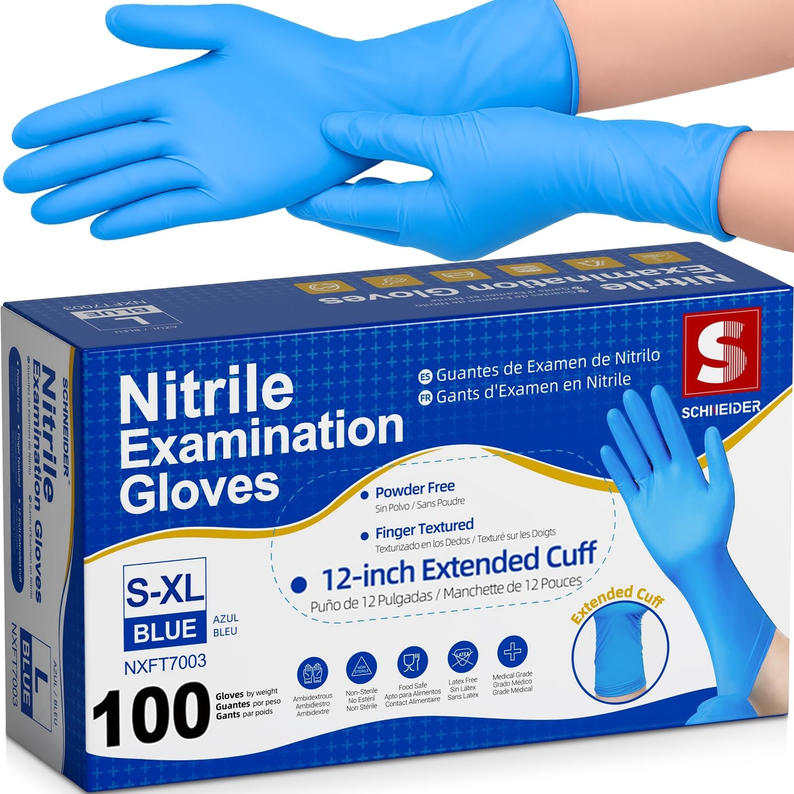 Disposable Nitrile Exam Gloves 12″ Cuff, Medium, 4 mil, 100-ct, Latex Free, Powd