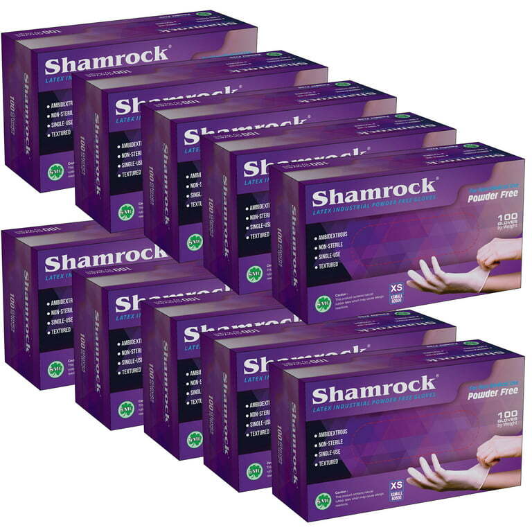 Shamrock Latex Hand Gloves CASE 1,000 pcs, 10 Boxes 100ct/box XS, S, M, L 60600