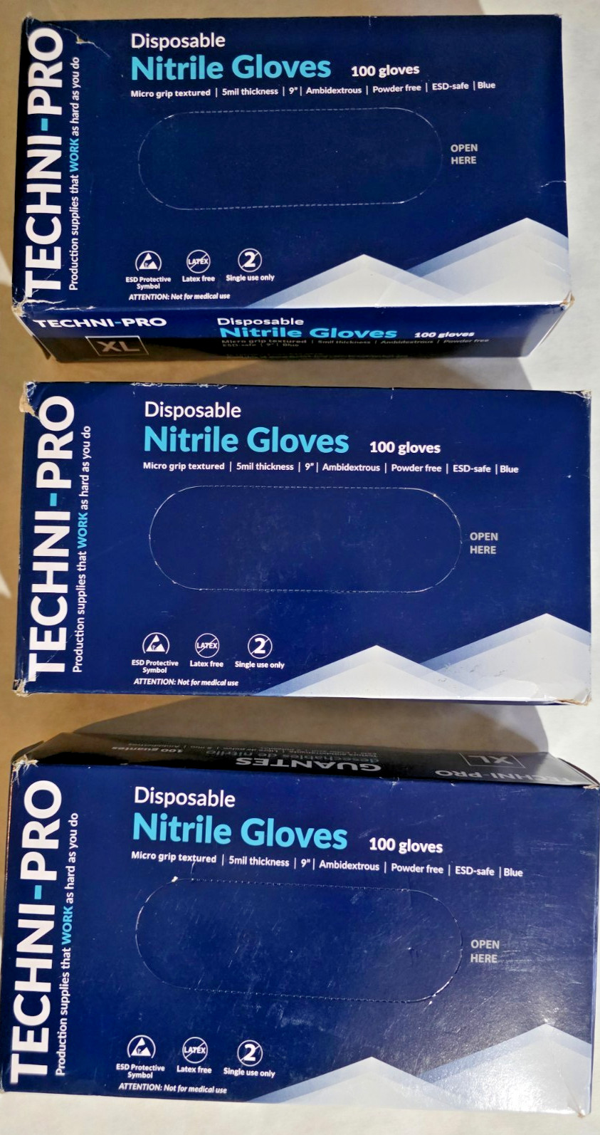 TechniPro 102AP163 Gloves Nitrile 5 mil Textured Grip Blue X-Lg 3 boxes 300pairs