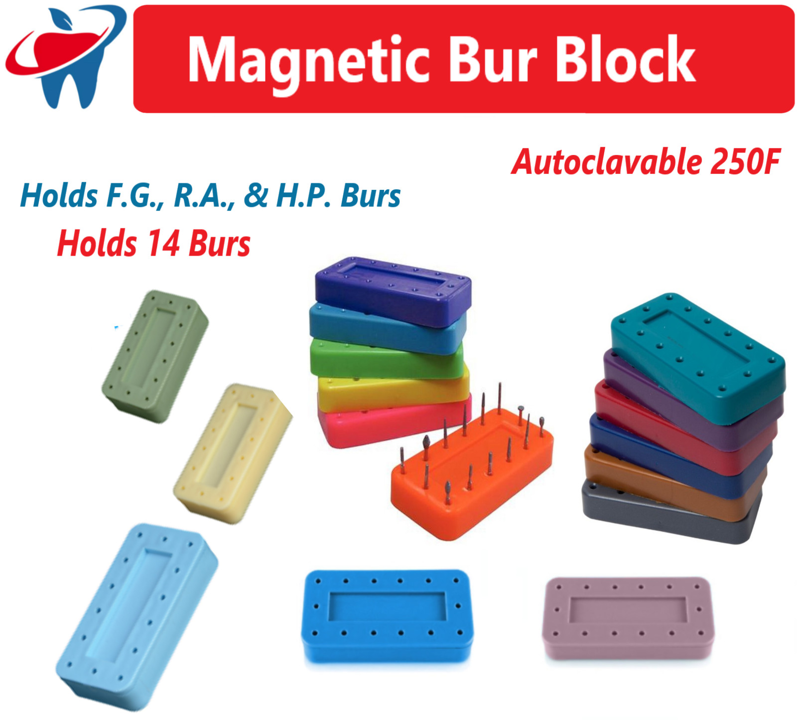 Dental Bur Block Magnetic RECTANGULAR Lab Holder Station Holds 14 Burs FG, HP RA